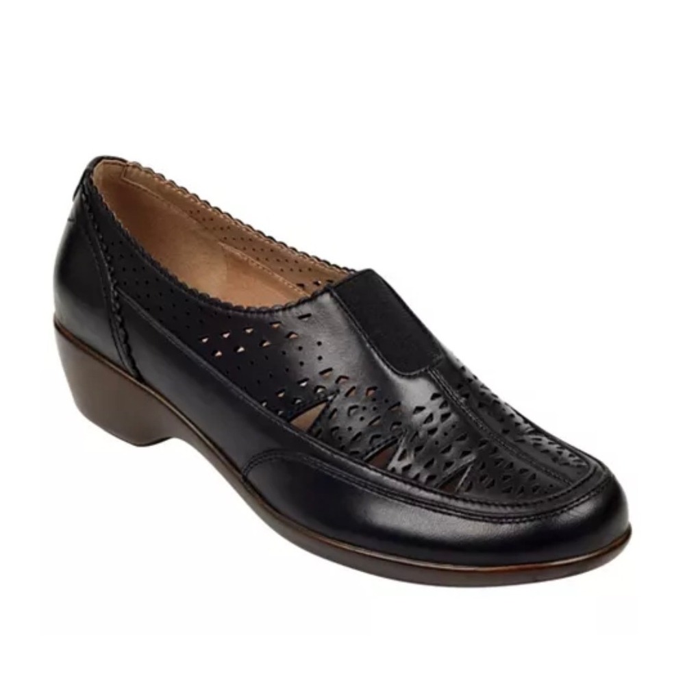 Easy Spirit Womens Duff Round Toe Slip-on Flats 9.5M Black Comfort Leather New